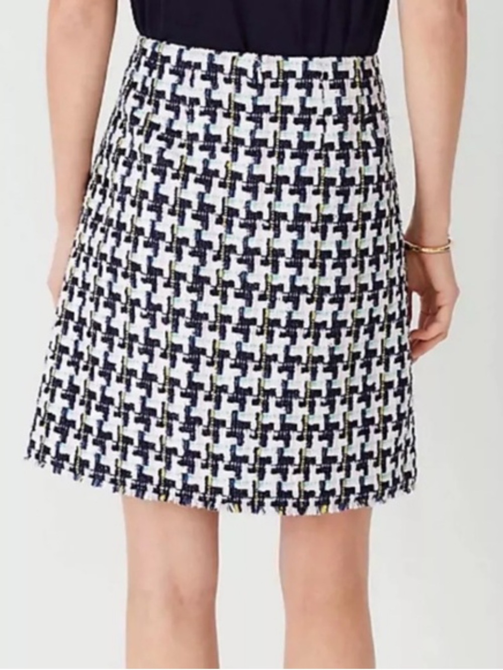 Ann Taylor Navy & White Tweed A-Line Skirt with Subtle Yellow Accents